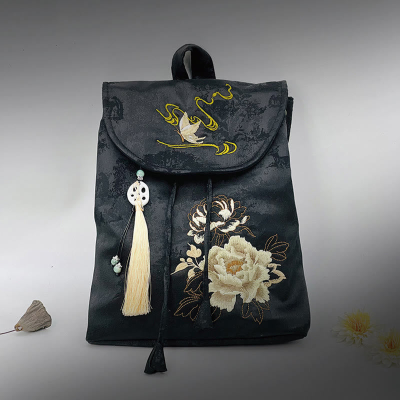 Buddha Stones Handgefertigter Rucksack aus Polyester-Baumwolle mit schwarzer Pfingstrose-Stickerei und großer Kapazität