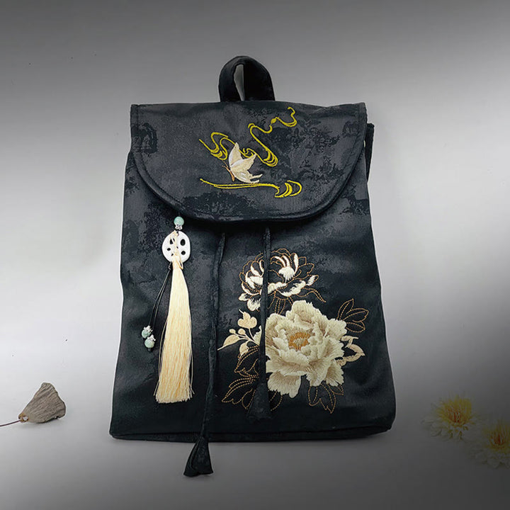 Buddha Stones Handgefertigter Rucksack aus Polyester-Baumwolle mit schwarzer Pfingstrose-Stickerei und großer Kapazität