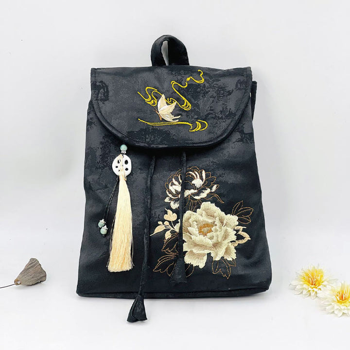 Buddha Stones Handgefertigter Rucksack aus Polyester-Baumwolle mit schwarzer Pfingstrose-Stickerei und großer Kapazität