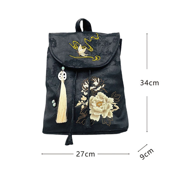 Buddha Stones Handgefertigter Rucksack aus Polyester-Baumwolle mit schwarzer Pfingstrose-Stickerei und großer Kapazität