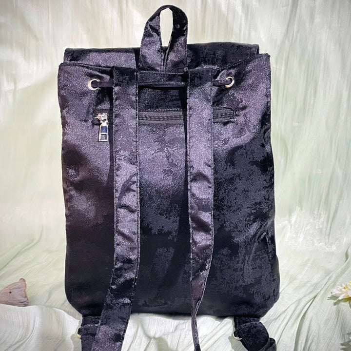 Buddha Stones Handgefertigter Rucksack aus Polyester-Baumwolle mit schwarzer Pfingstrose-Stickerei und großer Kapazität