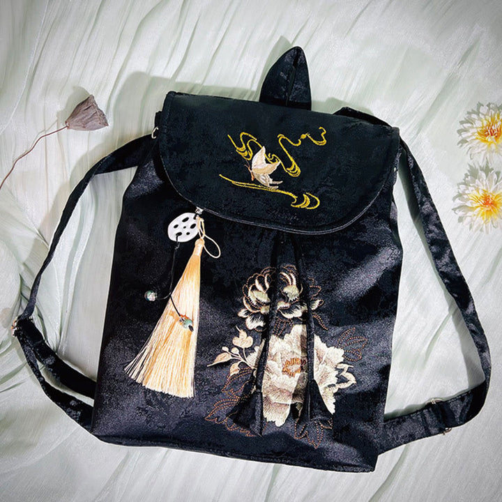 Buddha Stones Handgefertigter Rucksack aus Polyester-Baumwolle mit schwarzer Pfingstrose-Stickerei und großer Kapazität