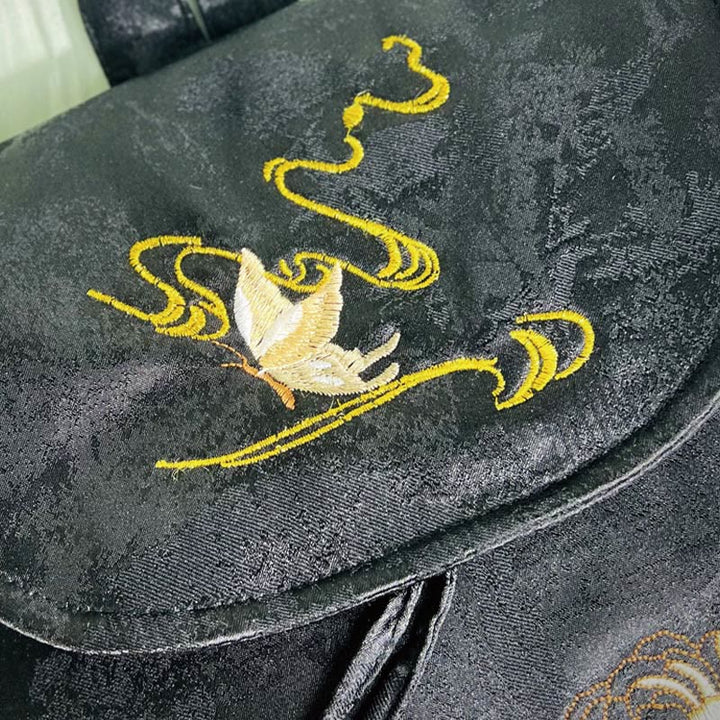 Buddha Stones Handgefertigter Rucksack aus Polyester-Baumwolle mit schwarzer Pfingstrose-Stickerei und großer Kapazität