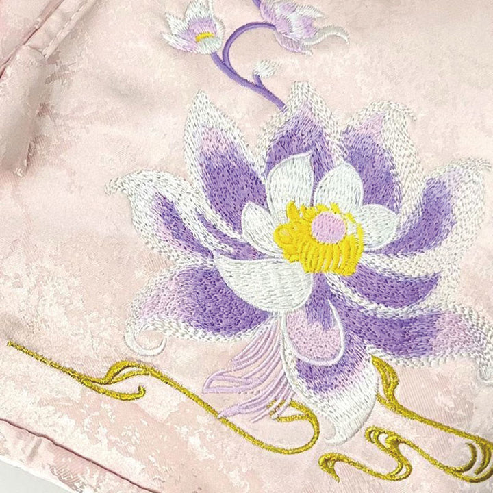Handgemachter Rucksack aus Polyester-Baumwolle mit großer Kapazität und rosa Lotus-Stickerei von Buddha Stones