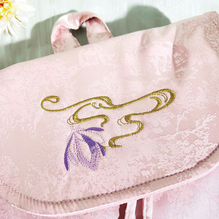 Handgemachter Rucksack aus Polyester-Baumwolle mit großer Kapazität und rosa Lotus-Stickerei von Buddha Stones