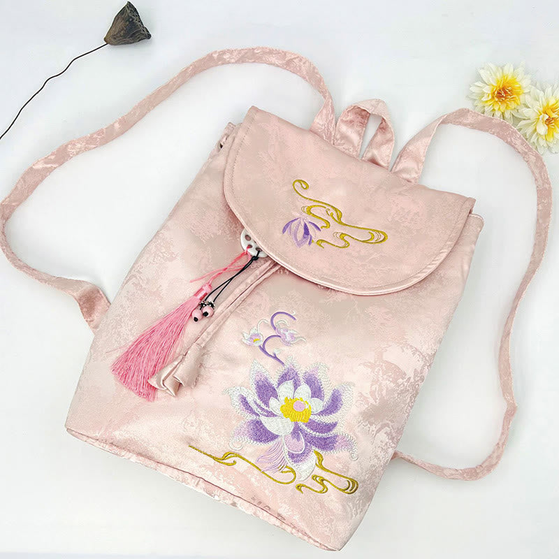 Handgemachter Rucksack aus Polyester-Baumwolle mit großer Kapazität und rosa Lotus-Stickerei von Buddha Stones