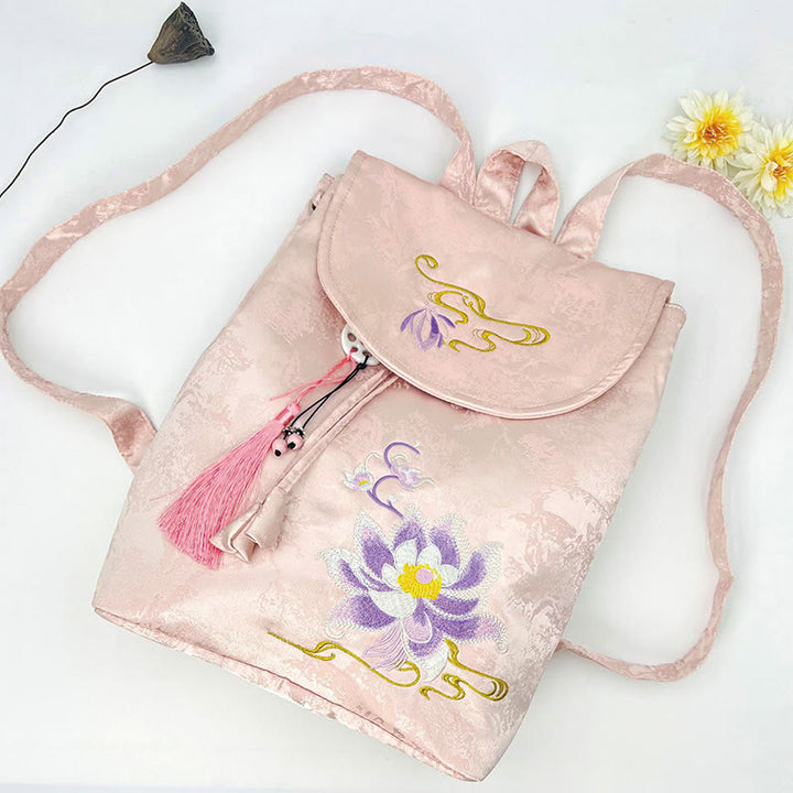Handgemachter Rucksack aus Polyester-Baumwolle mit großer Kapazität und rosa Lotus-Stickerei von Buddha Stones