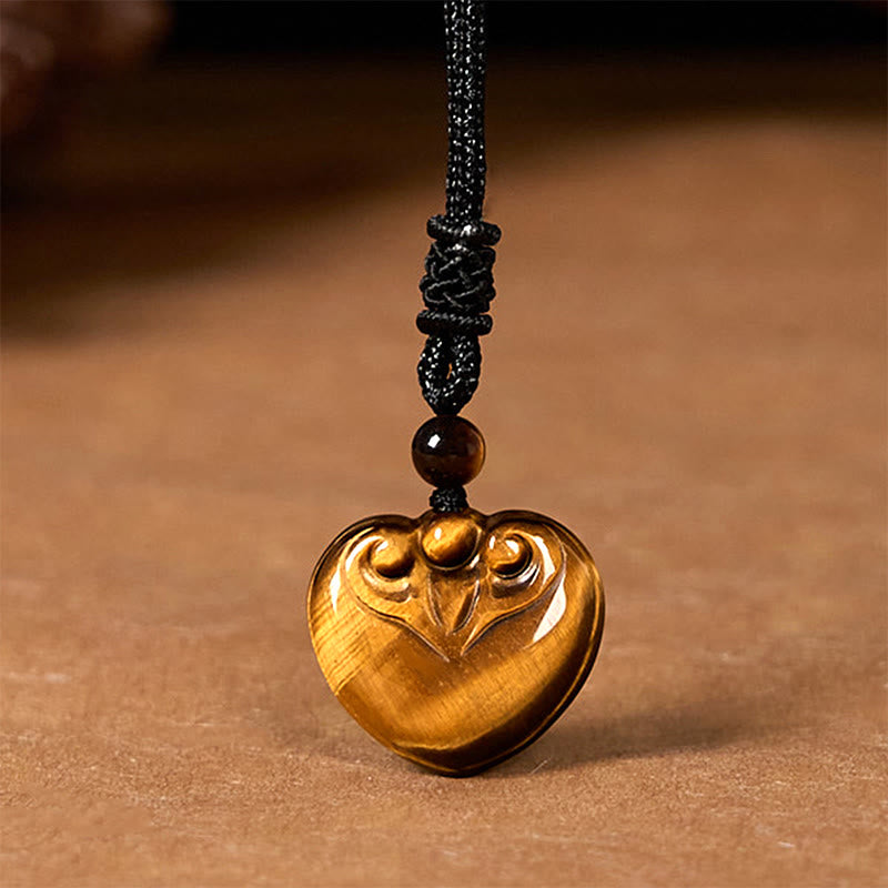 Buddha Stones Natürliches Tigerauge Liebe Herz Muster Schutz Seil Halskette Anhänger