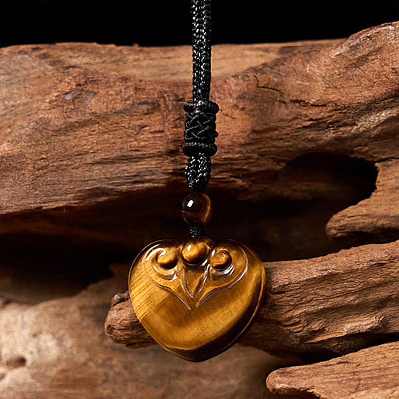 Buddha Stones Natürliches Tigerauge Liebe Herz Muster Schutz Seil Halskette Anhänger