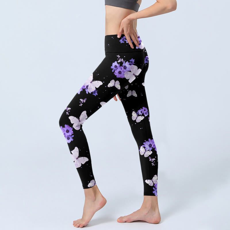 Buddha Stones Lila Blumen Schmetterling Print Übung Leggings Damen Yoga Hose - image 2