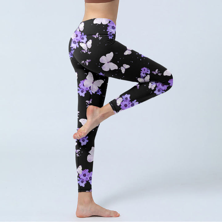 Buddha Stones Lila Blumen Schmetterling Print Übung Leggings Damen Yoga Hose - image 5