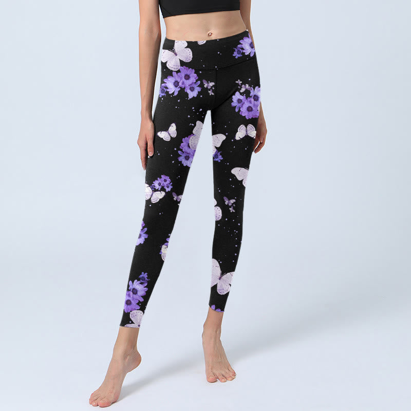 Buddha Stones Lila Blumen Schmetterling Print Übung Leggings Damen Yoga Hose - image 6