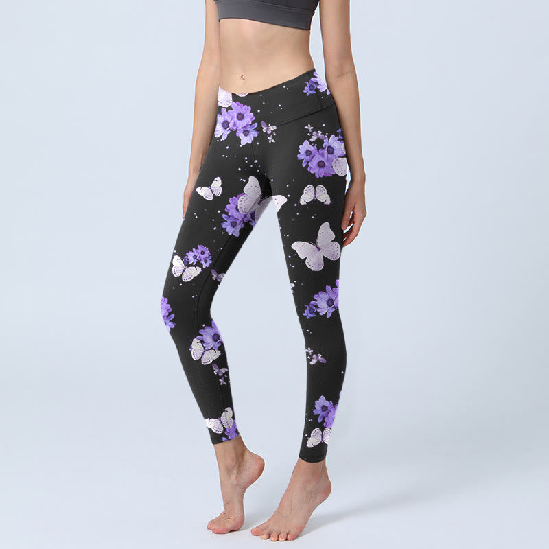 Buddha Stones Lila Blumen Schmetterling Print Übung Leggings Damen Yoga Hose - Schwarz - US18， UK/AU22，EU50 (4XL) - image 1
