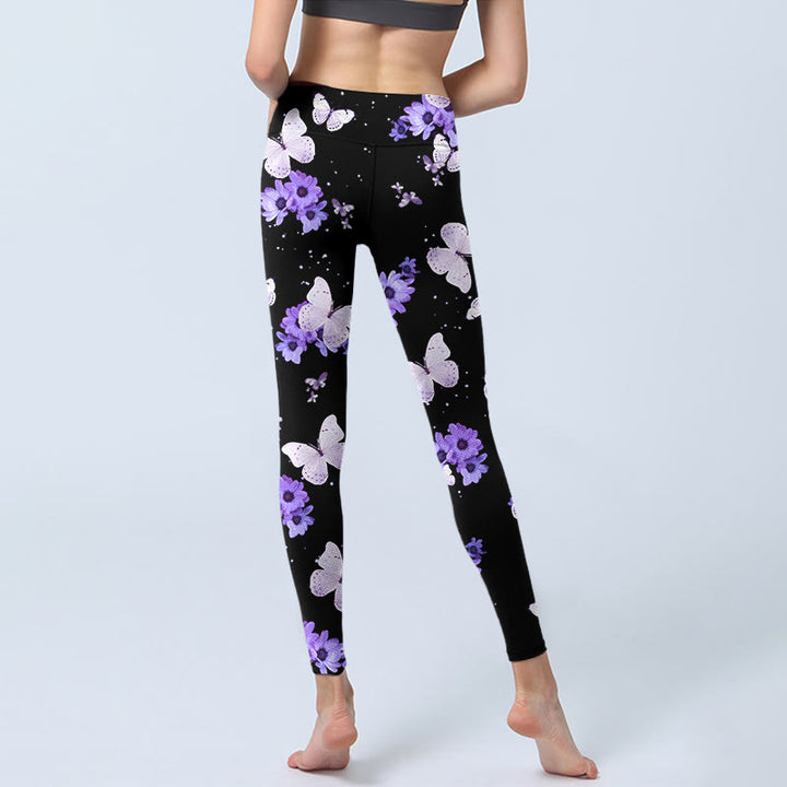 Buddha Stones Lila Blumen Schmetterling Print Übung Leggings Damen Yoga Hose - image 6