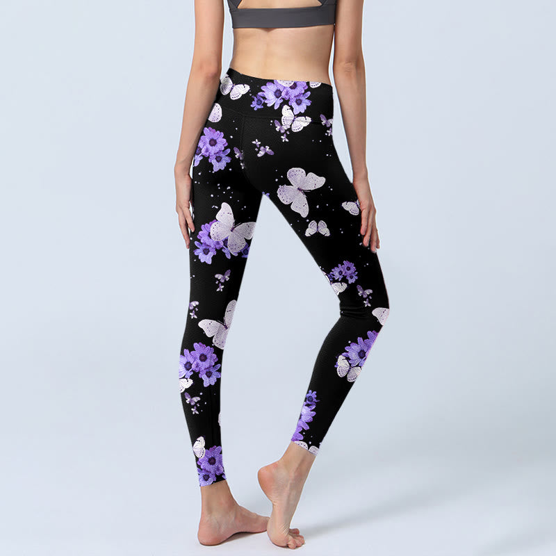 Buddha Stones Lila Blumen Schmetterling Print Übung Leggings Damen Yoga Hose - image 3