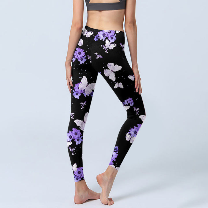 Buddha Stones Lila Blumen Schmetterling Print Übung Leggings Damen Yoga Hose - image 3