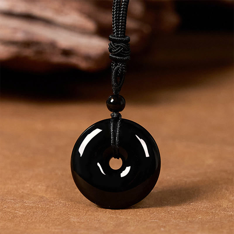 Buddha Stones Natürlicher schwarzer Obsidian Friedensschnalle Stärke Seil Halskette Anhänger