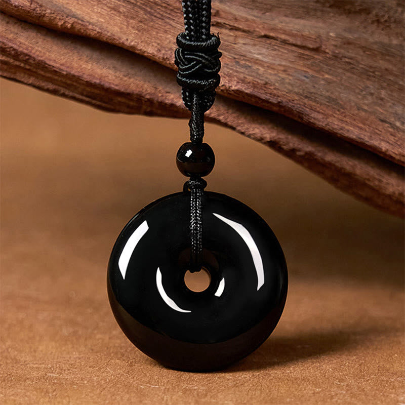 Buddha Stones Natürlicher schwarzer Obsidian Friedensschnalle Stärke Seil Halskette Anhänger