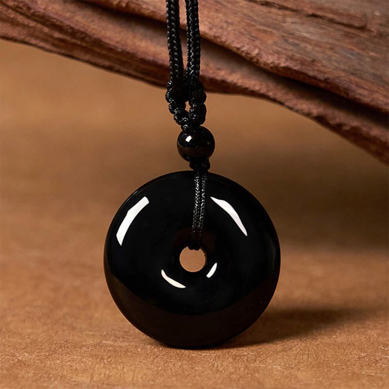 Buddha Stones Natürlicher schwarzer Obsidian Friedensschnalle Stärke Seil Halskette Anhänger