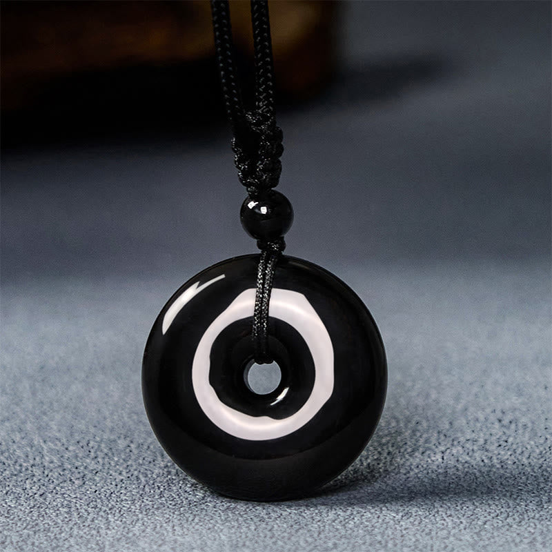 Buddha Stones Natürlicher schwarzer Obsidian Friedensschnalle Stärke Seil Halskette Anhänger