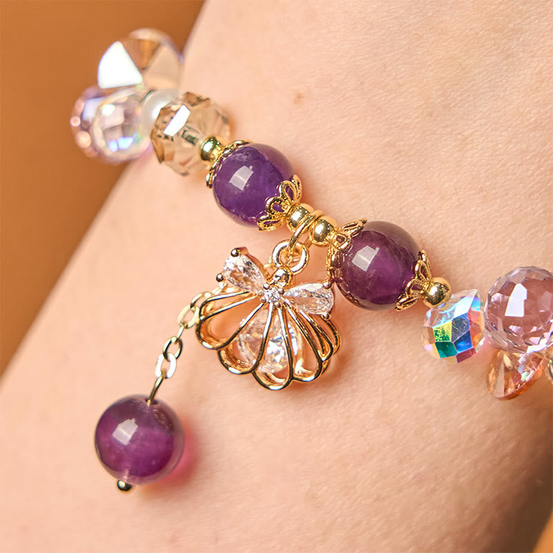 Buddha Stones Armband mit natürlichem Amethyst, Citrin, Perlmutt und Muschel