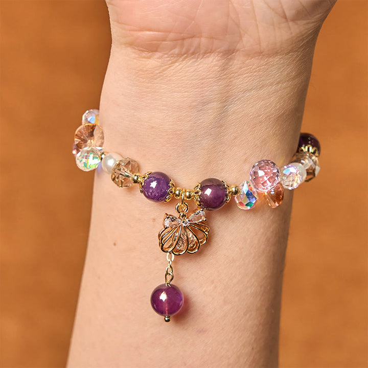 Buddha Stones Armband mit natürlichem Amethyst, Citrin, Perlmutt und Muschel