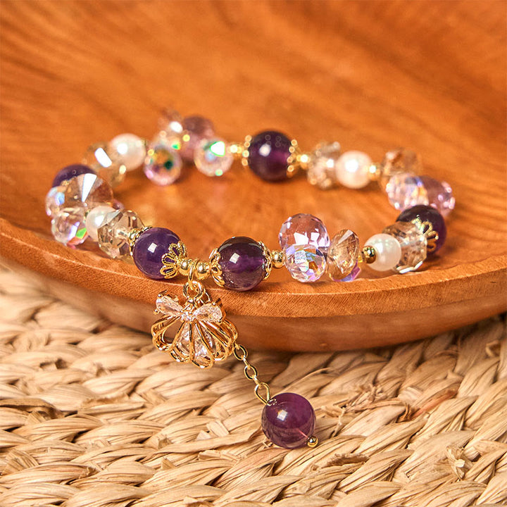 Buddha Stones Armband mit natürlichem Amethyst, Citrin, Perlmutt und Muschel