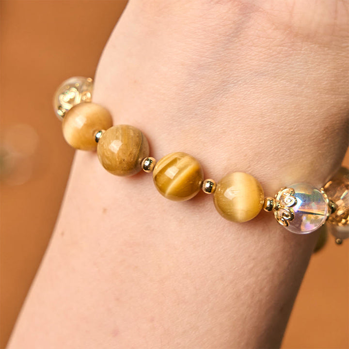 Buddha Stones Armband mit natürlichen Tigeraugen-Perlen und grünem Blattmotiv