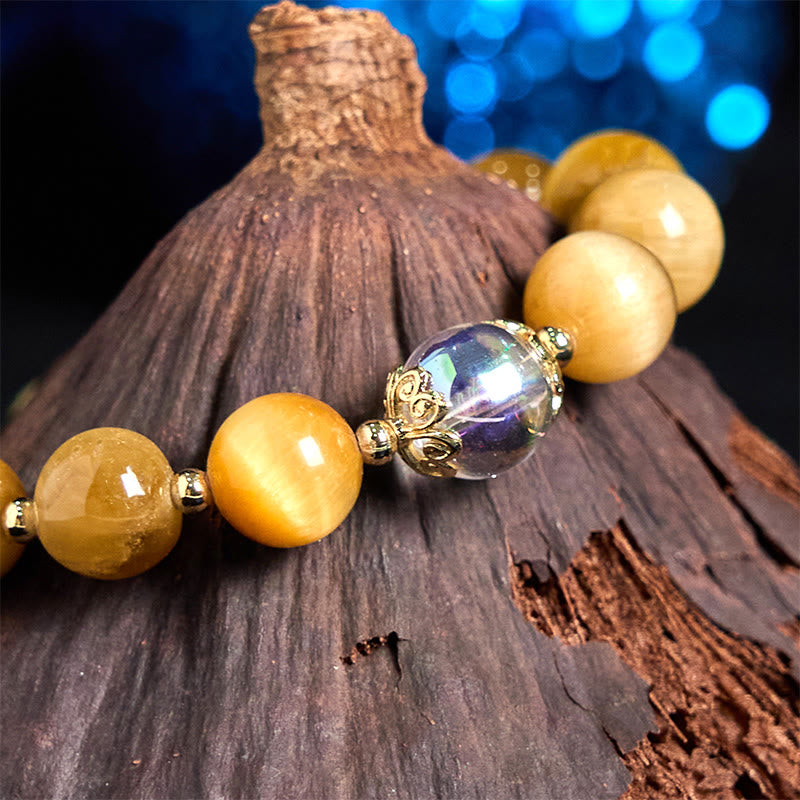 Buddha Stones Armband mit natürlichen Tigeraugen-Perlen und grünem Blattmotiv