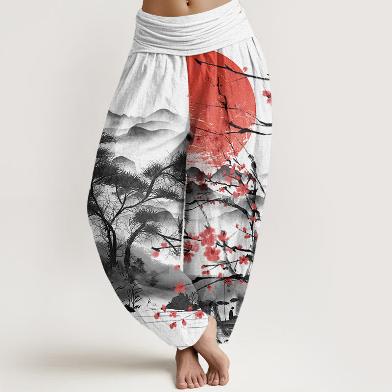 Buddha Stones Lässige Haremshose mit rotem Pflaumenblüten-Berg-Sonnenmuster für Damen, elastische Taille - Weiß - US22， UK/AU26，EU54 (6XL) - image 1