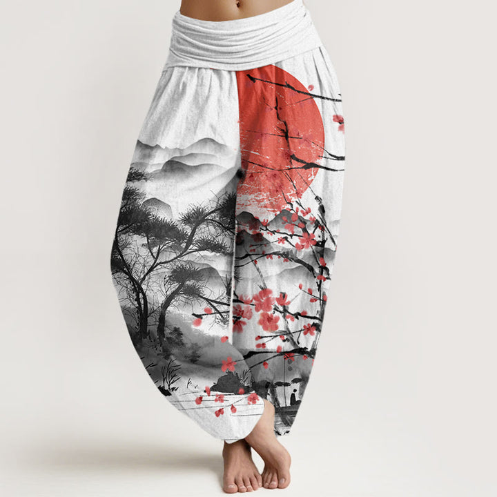 Buddha Stones Lässige Haremshose mit rotem Pflaumenblüten-Berg-Sonnenmuster für Damen, elastische Taille - Weiß - US22， UK/AU26，EU54 (6XL) - image 1