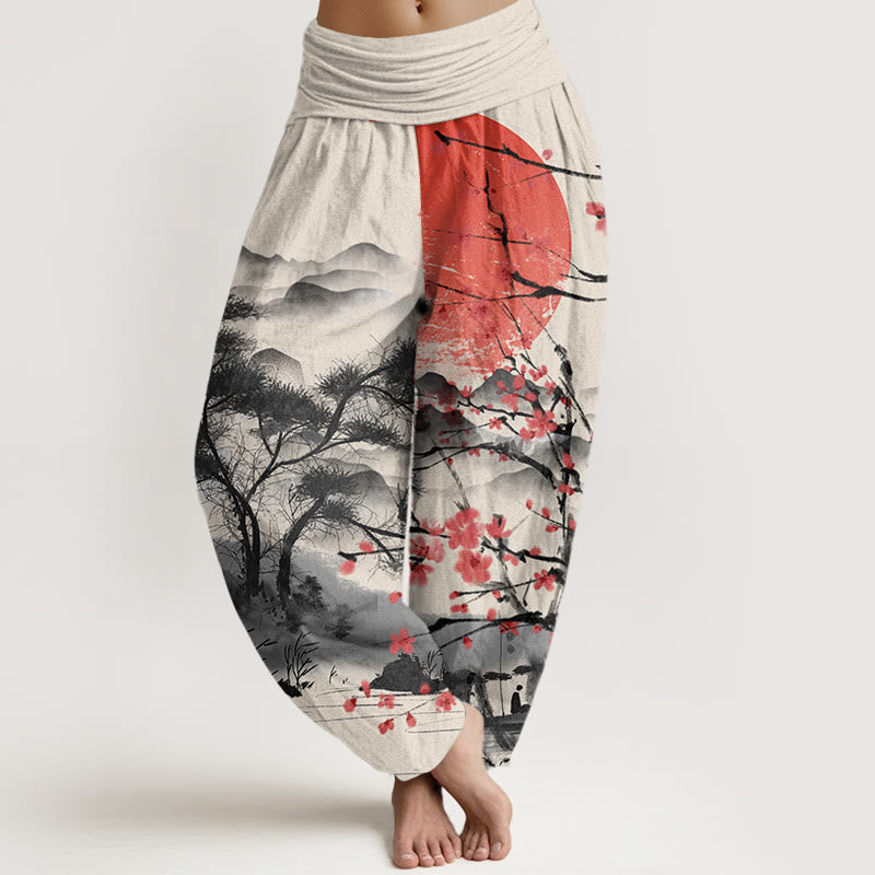 Buddha Stones Lässige Haremshose mit rotem Pflaumenblüten-Berg-Sonnenmuster für Damen, elastische Taille - Beige - US22， UK/AU26，EU54 (6XL) - image 8
