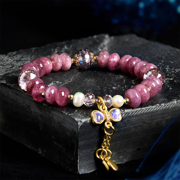 Buddha Stones Armband mit natürlicher Rosenquarzschleife und Friedensschnalle, liebevolle Energie