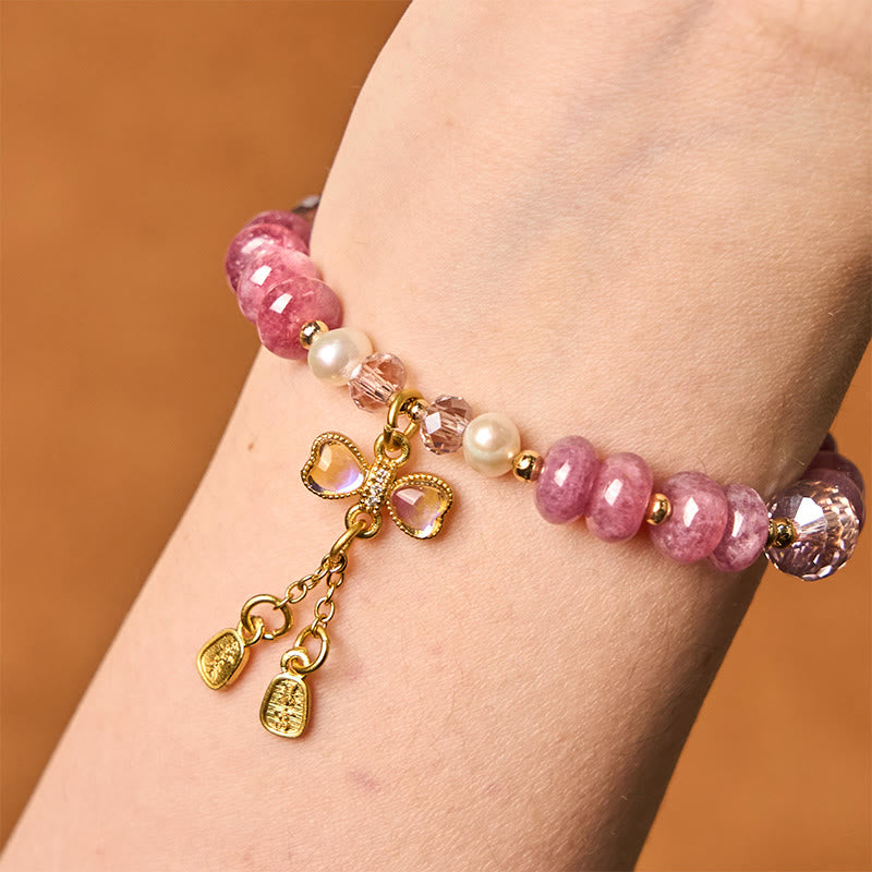 Buddha Stones Armband mit natürlicher Rosenquarzschleife und Friedensschnalle, liebevolle Energie
