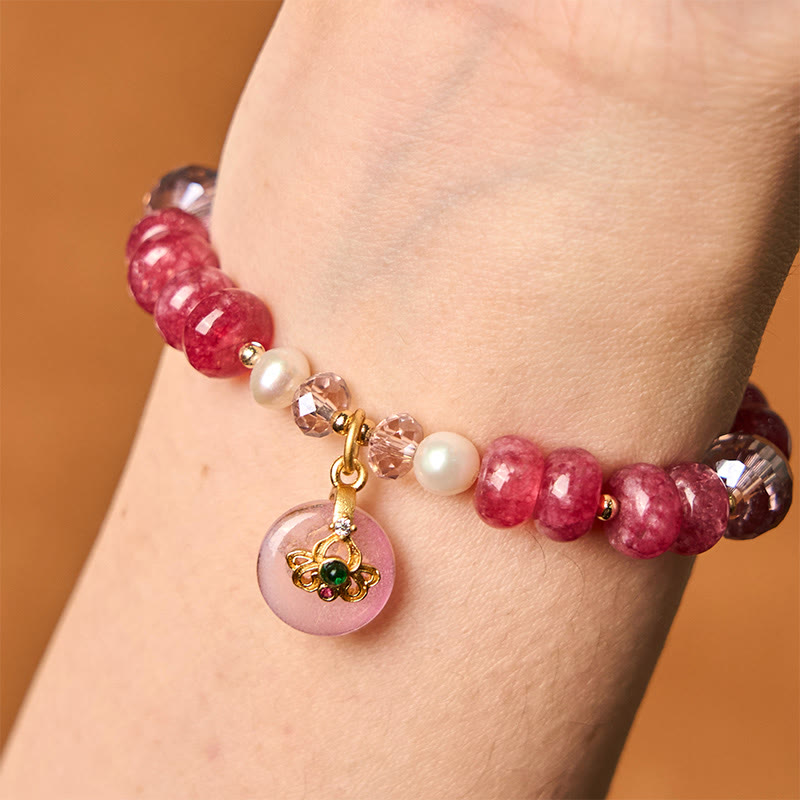 Buddha Stones Armband mit natürlicher Rosenquarzschleife und Friedensschnalle, liebevolle Energie