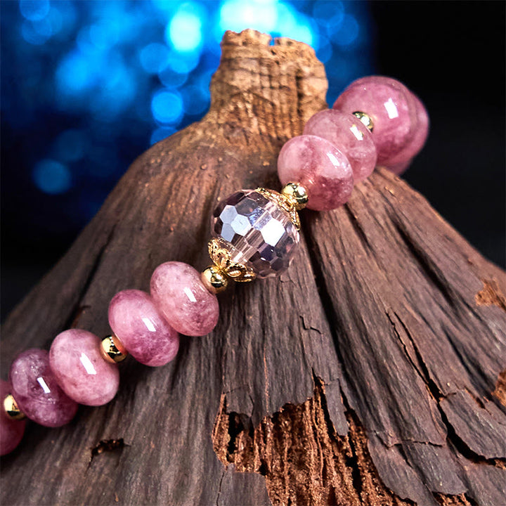 Buddha Stones Armband mit natürlicher Rosenquarzschleife und Friedensschnalle, liebevolle Energie