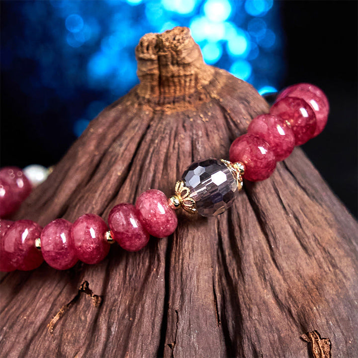 Buddha Stones Armband mit natürlicher Rosenquarzschleife und Friedensschnalle, liebevolle Energie