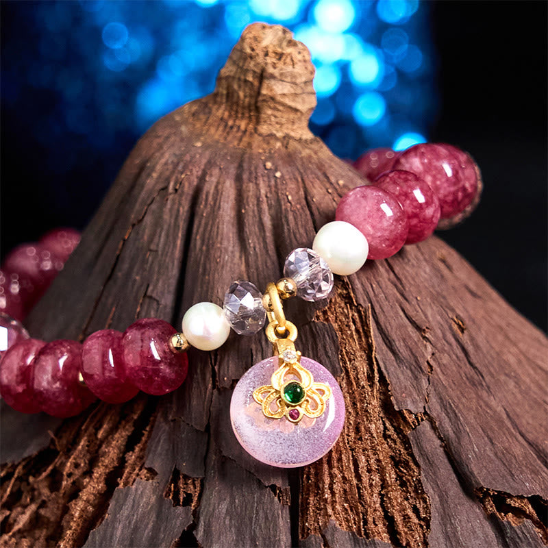 Buddha Stones Armband mit natürlicher Rosenquarzschleife und Friedensschnalle, liebevolle Energie