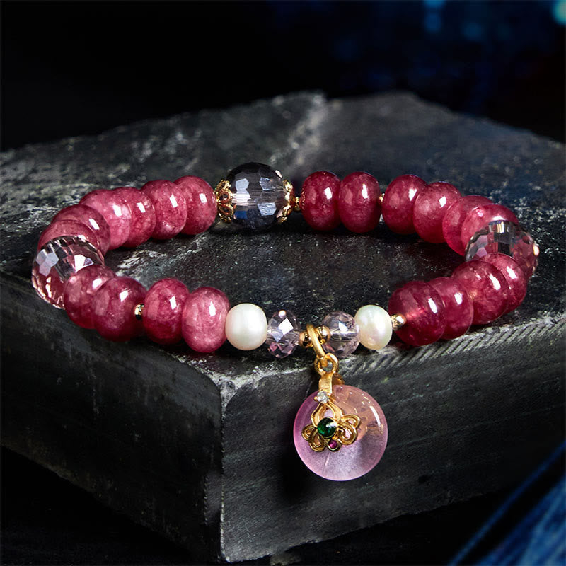 Buddha Stones Armband mit natürlicher Rosenquarzschleife und Friedensschnalle, liebevolle Energie