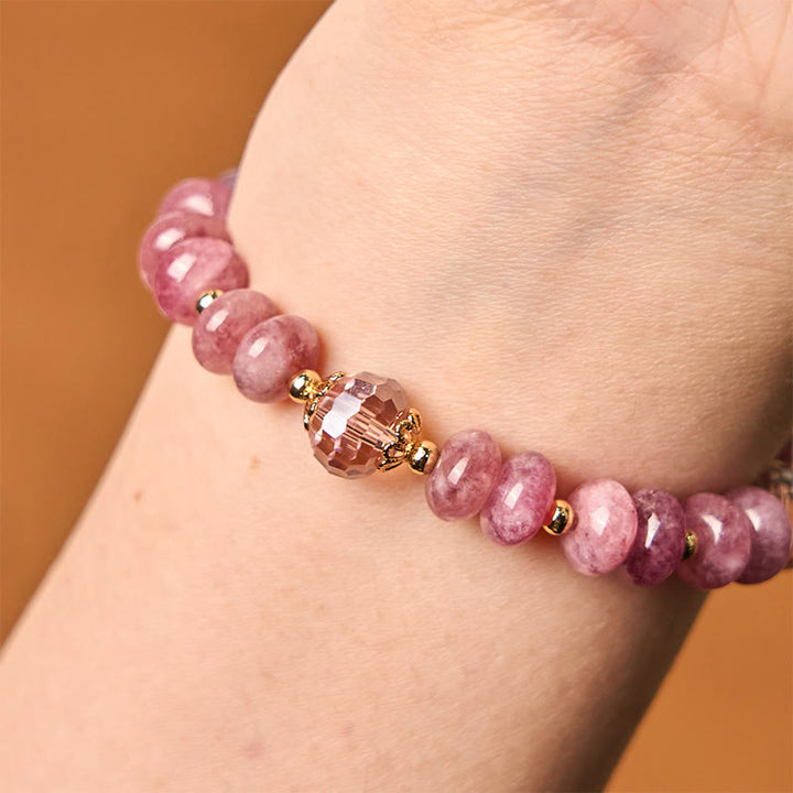 Buddha Stones Armband mit natürlicher Rosenquarzschleife und Friedensschnalle, liebevolle Energie