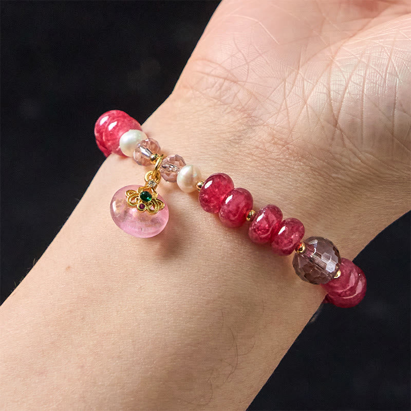 Buddha Stones Armband mit natürlicher Rosenquarzschleife und Friedensschnalle, liebevolle Energie