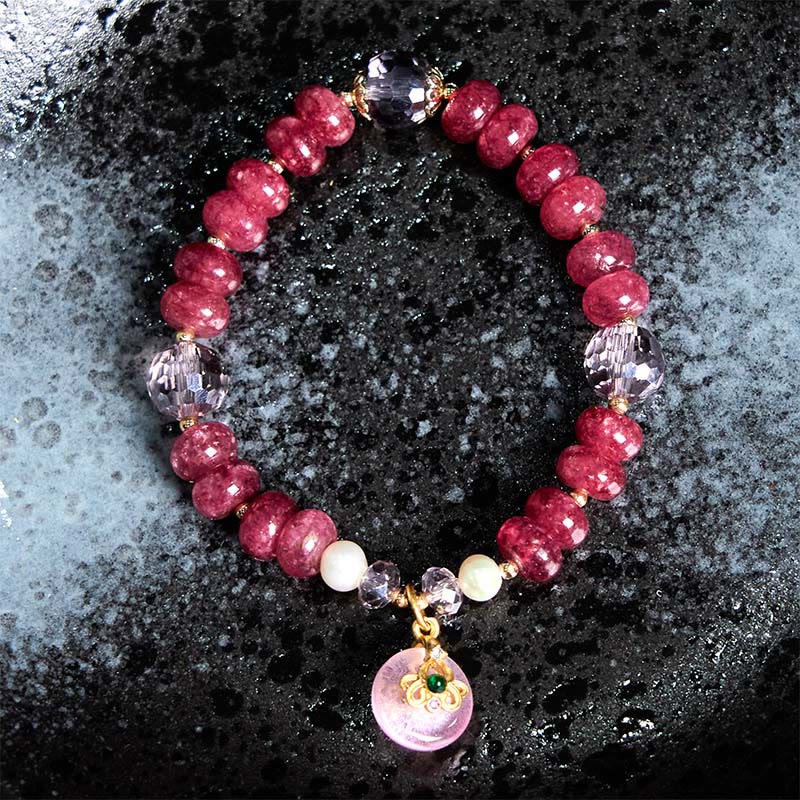 Buddha Stones Armband mit natürlicher Rosenquarzschleife und Friedensschnalle, liebevolle Energie