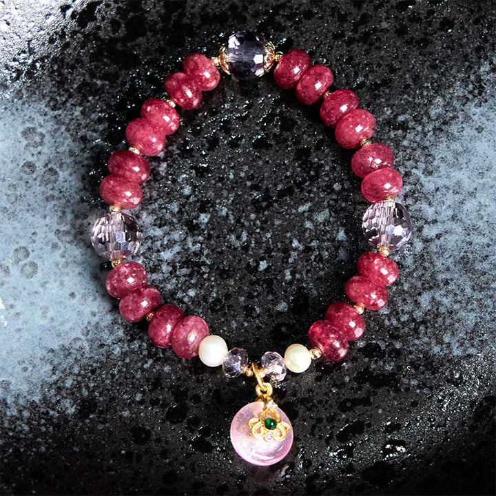 Buddha Stones Armband mit natürlicher Rosenquarzschleife und Friedensschnalle, liebevolle Energie