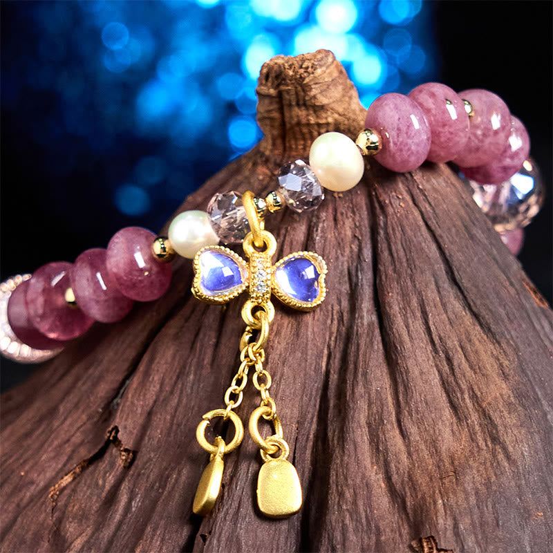 Buddha Stones Armband mit natürlicher Rosenquarzschleife und Friedensschnalle, liebevolle Energie