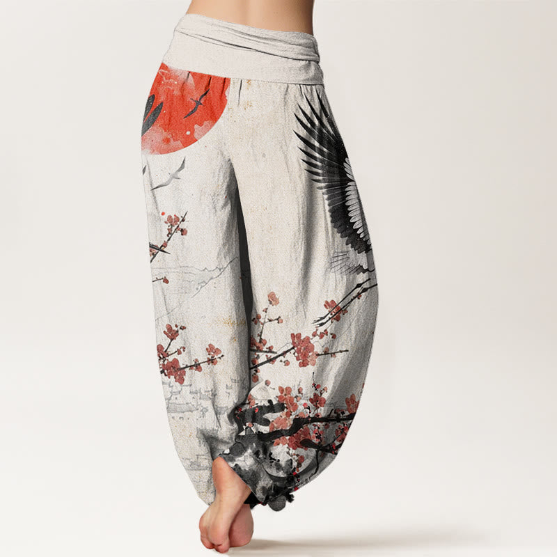 Buddha Stones Mandschurenkranich Sonne Rote Pflaumenblüten Muster Damen Haremshose mit elastischer Taille - image 2
