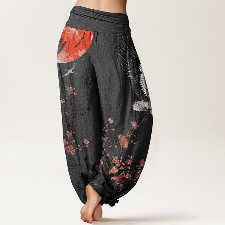 Buddha Stones Mandschurenkranich Sonne Rote Pflaumenblüten Muster Damen Haremshose mit elastischer Taille - image 6
