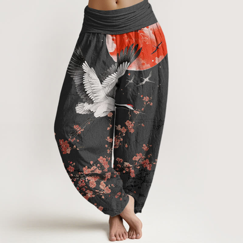 Buddha Stones Mandschurenkranich Sonne Rote Pflaumenblüten Muster Damen Haremshose mit elastischer Taille - Schwarz - US22， UK/AU26，EU54 (6XL) - image 5
