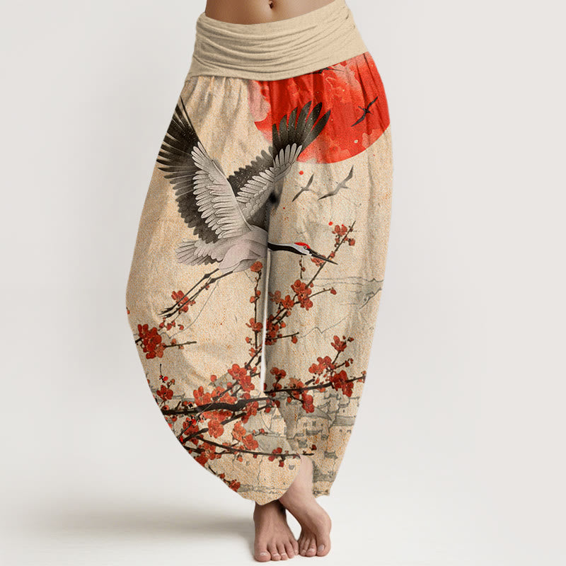Buddha Stones Mandschurenkranich Sonne Rote Pflaumenblüten Muster Damen Haremshose mit elastischer Taille - Khaki - US22， UK/AU26，EU54 (6XL) - image 8