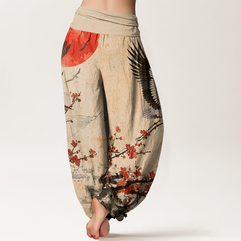 Buddha Stones Mandschurenkranich Sonne Rote Pflaumenblüten Muster Damen Haremshose mit elastischer Taille - image 9