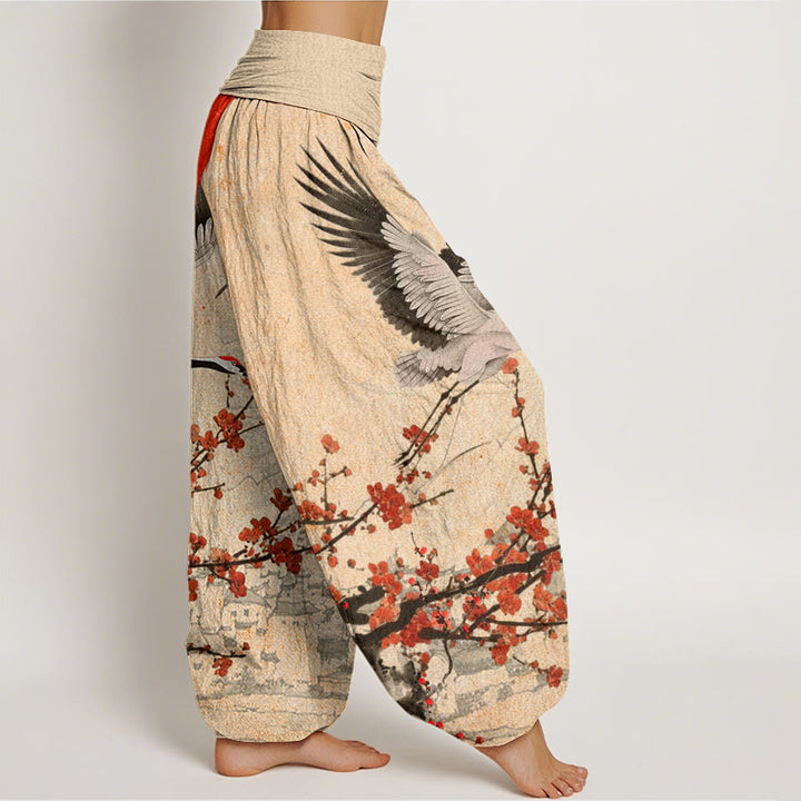 Buddha Stones Mandschurenkranich Sonne Rote Pflaumenblüten Muster Damen Haremshose mit elastischer Taille - image 10